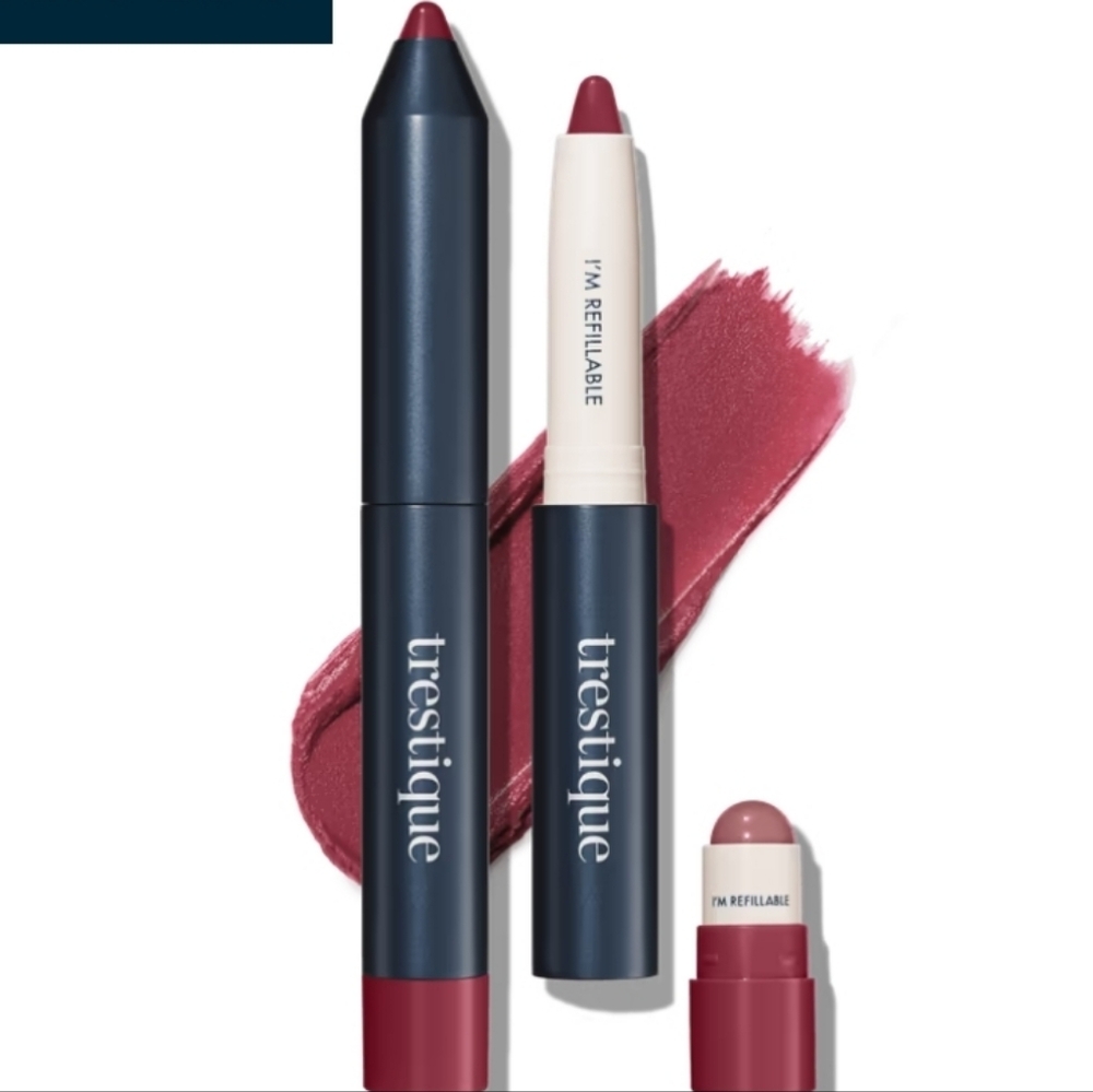 NIB Trestique Lip Crayon in Belize Bordeaux Matte Color + Shiny Balm Lip Crayon